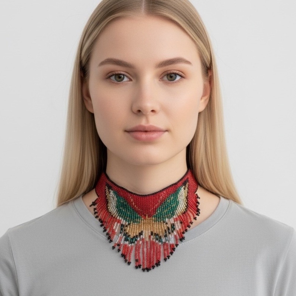 Vintage Handcrafted Seed Bead Fringe Choker Necklace Red & Green Butterfly Motif